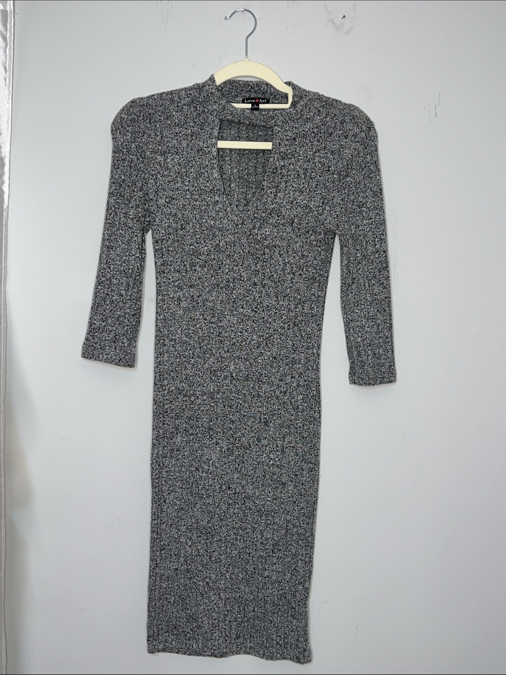 Love Ari Gray Knit Key Hole Neck Midi Dress Classic Ribbed Silhouette Stretchy